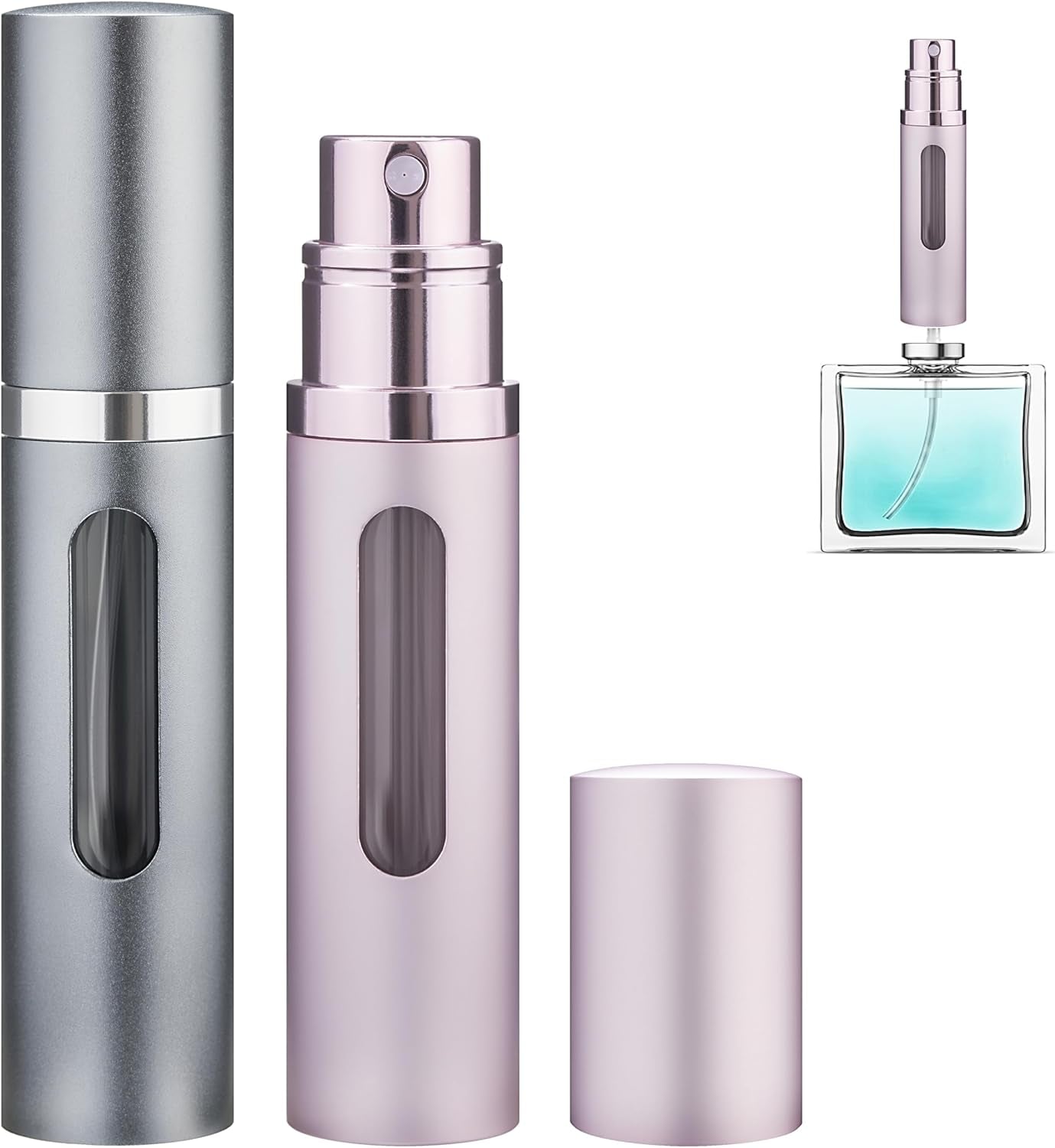 Perfume Atomiser Travel Spray Bottle -  2-Pack 5Ml Leakproof Travel Perfume Refillable Bottle with Pump, Portable Fragrance Atomizer for Women and Men (Grey & Pink)