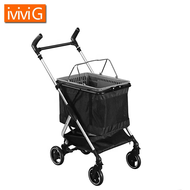 605 New Design Multifunction Luxury 4-Wheel Aluminum Folding Shopping Trolley Large Outdoor Travel Cart Fabric China Dogs Cats