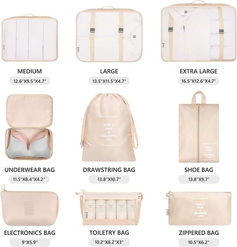 Packing Cubes, 9 Set Packing Cubes with Shoe Bag & Electronics Bag - Luggage Organizers Suitcase Travel Accessories (Beige)
