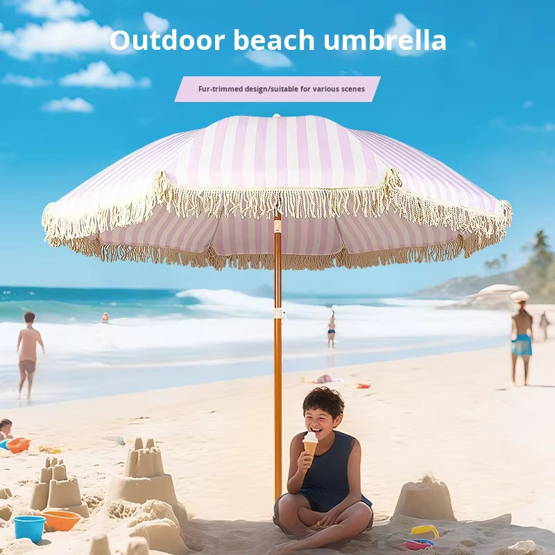 Iron Outdoor Leisure Rotatable Beach Sunshade Umbrella with Tassels for Courtyard Camping Multi-Scene Use