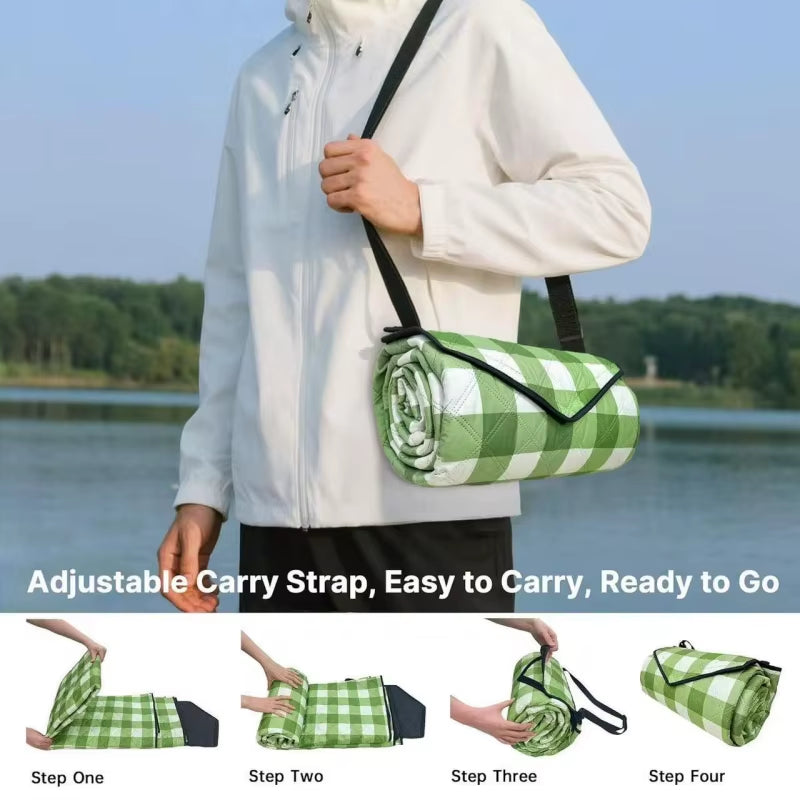Green Lightweight Thickened Machine-Washable Waterproof Foldable Easy Carry Polyester Picnic Blanket for Outdoor Activities All