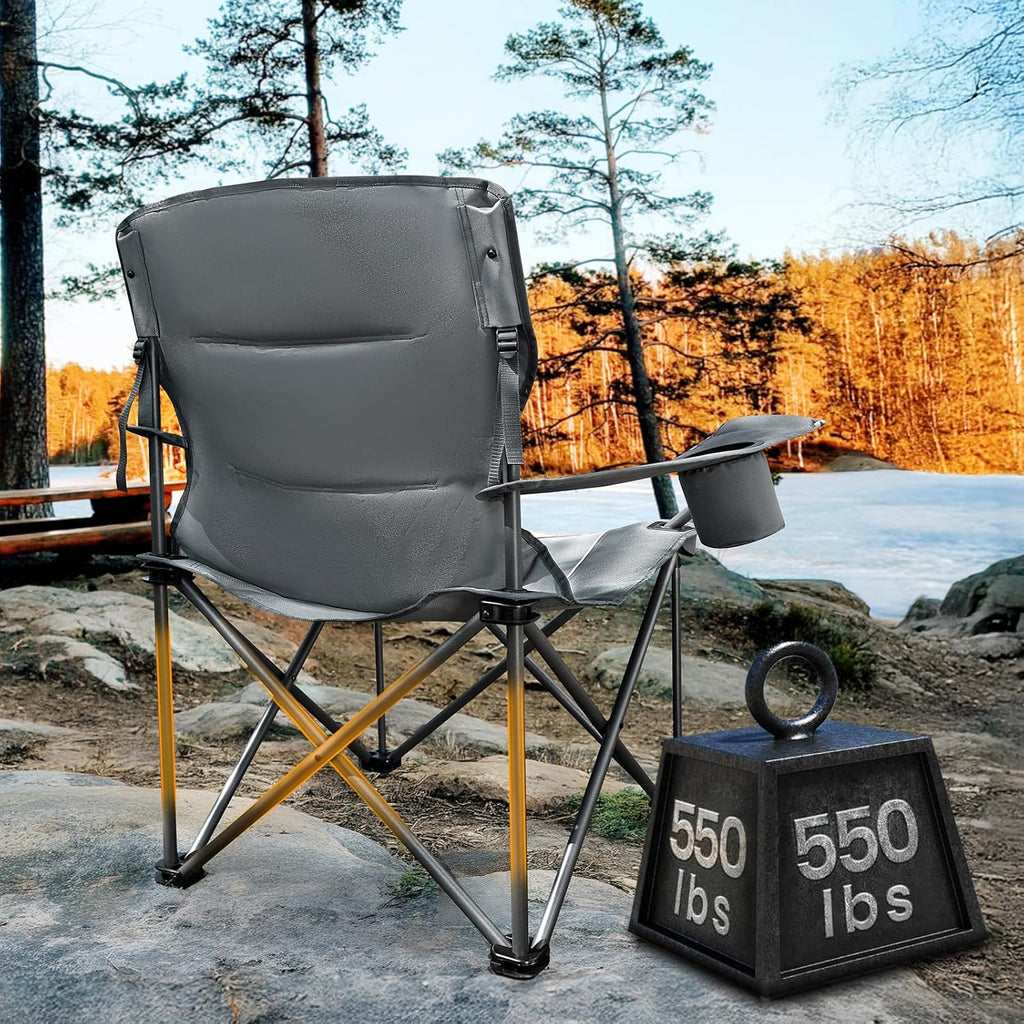 Oversized Folding Camping Chair for Adults, Support 550 LBS Heavy Duty with Cup Holder Side Pocket for Camping, Lawn, Picnic, Grey