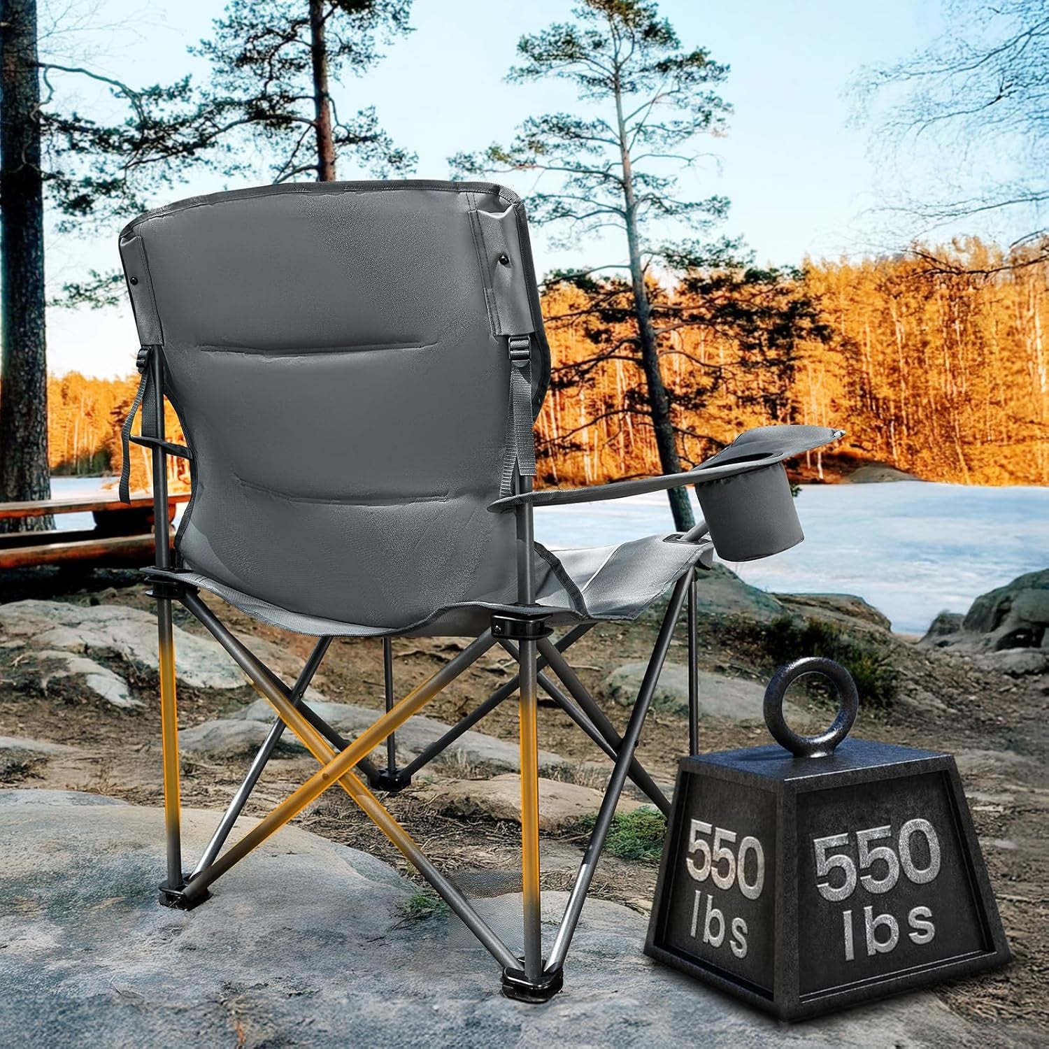 Oversized Folding Camping Chair for Adults, Support 550 LBS Heavy Duty with Cup Holder Side Pocket for Camping, Lawn, Picnic, Grey