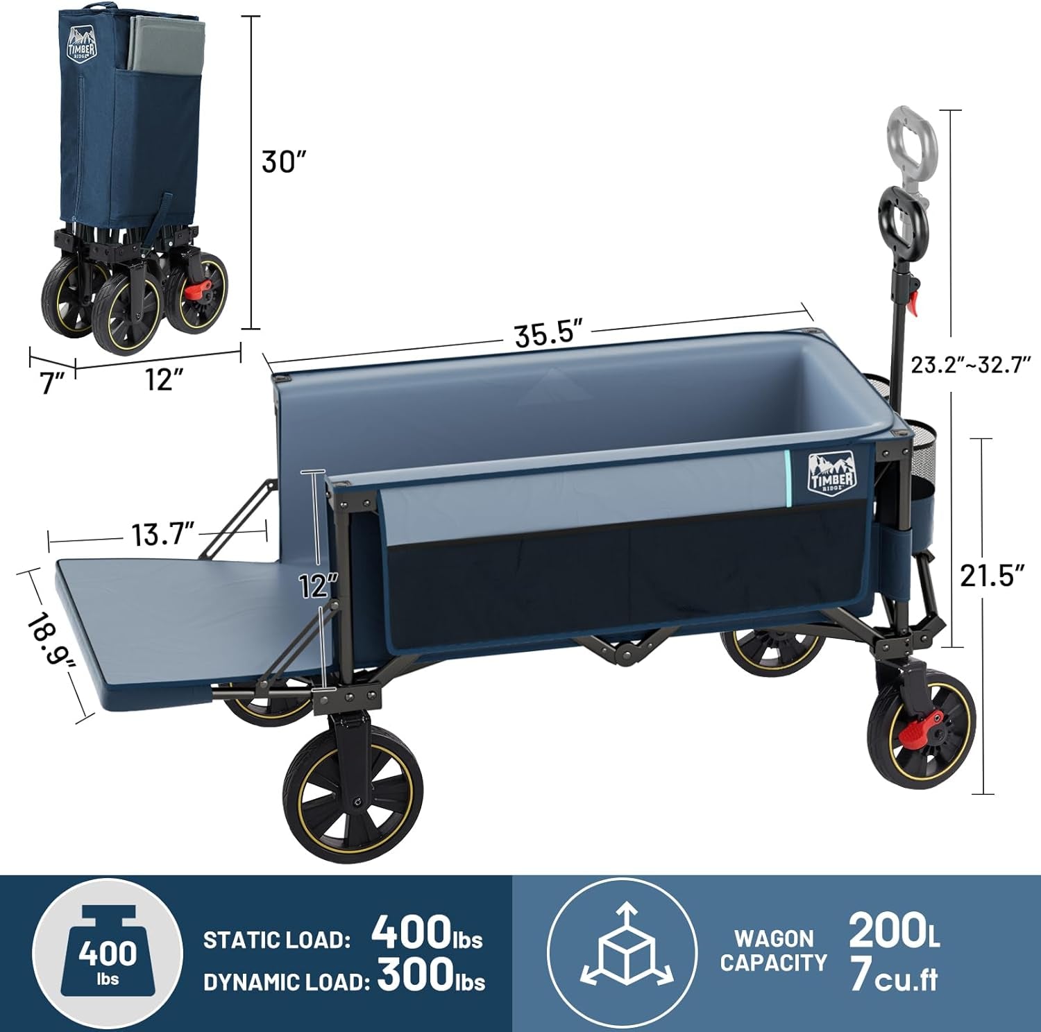 49" Extra Long Collapsible Folding Wagon with Tailgate and Brakes, 300Lbs Heavy Duty Foldable Wagon with Adjustable Handle, 250L Capacity Portable Cart for Outdoor Camping Sports, Grey