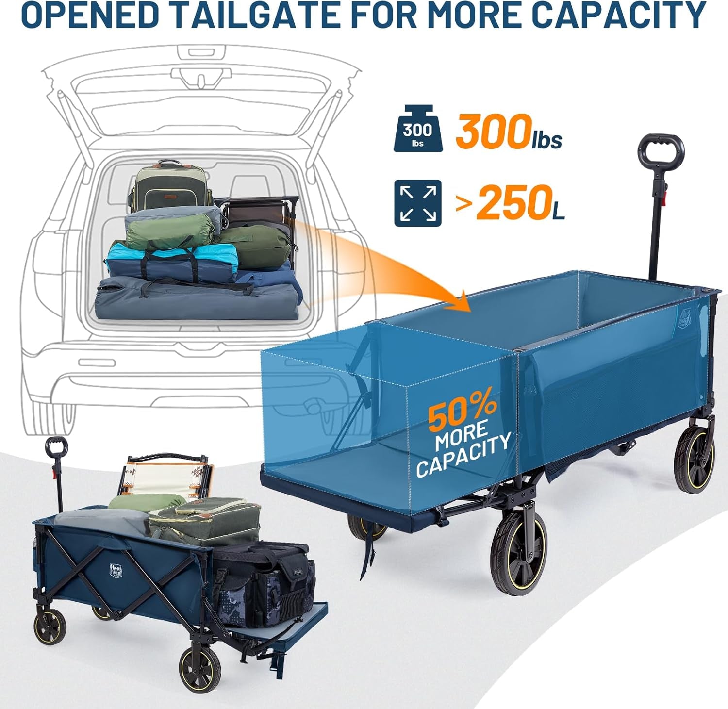 49" Extra Long Collapsible Folding Wagon with Tailgate and Brakes, 300Lbs Heavy Duty Foldable Wagon with Adjustable Handle, 250L Capacity Portable Cart for Outdoor Camping Sports, Grey
