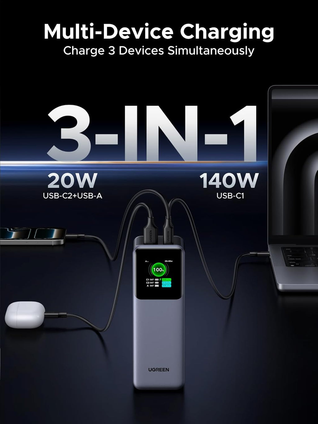 200W Nexode Pro Power Bank 25000Mah PD3.1 Laptop Portable Charger Fast Charging 90Wh 3-Port Battery Pack with TFT Smart Display for Macbook Pro, Ipad Pro, Iphone 17, Galaxy S26(60W), Pixel 10