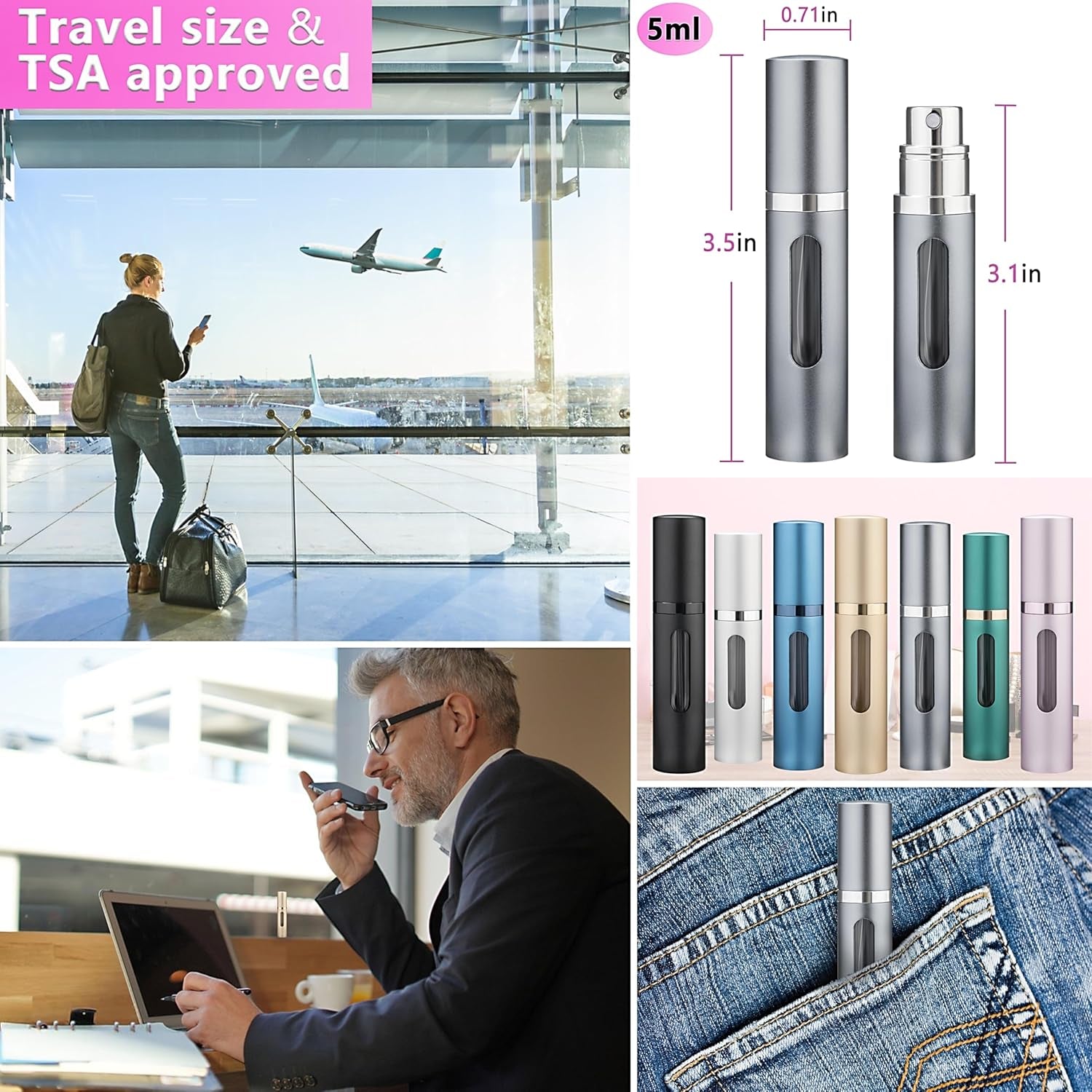 Perfume Atomiser Travel Spray Bottle -  2-Pack 5Ml Leakproof Travel Perfume Refillable Bottle with Pump, Portable Fragrance Atomizer for Women and Men (Grey & Pink)