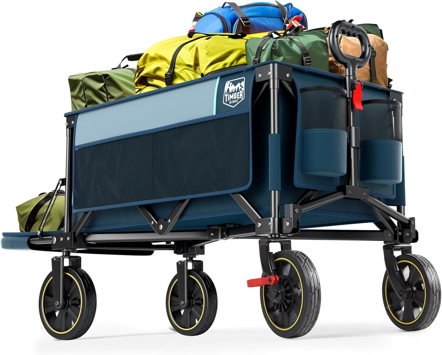 49" Extra Long Collapsible Folding Wagon with Tailgate and Brakes, 300Lbs Heavy Duty Foldable Wagon with Adjustable Handle, 250L Capacity Portable Cart for Outdoor Camping Sports, Grey
