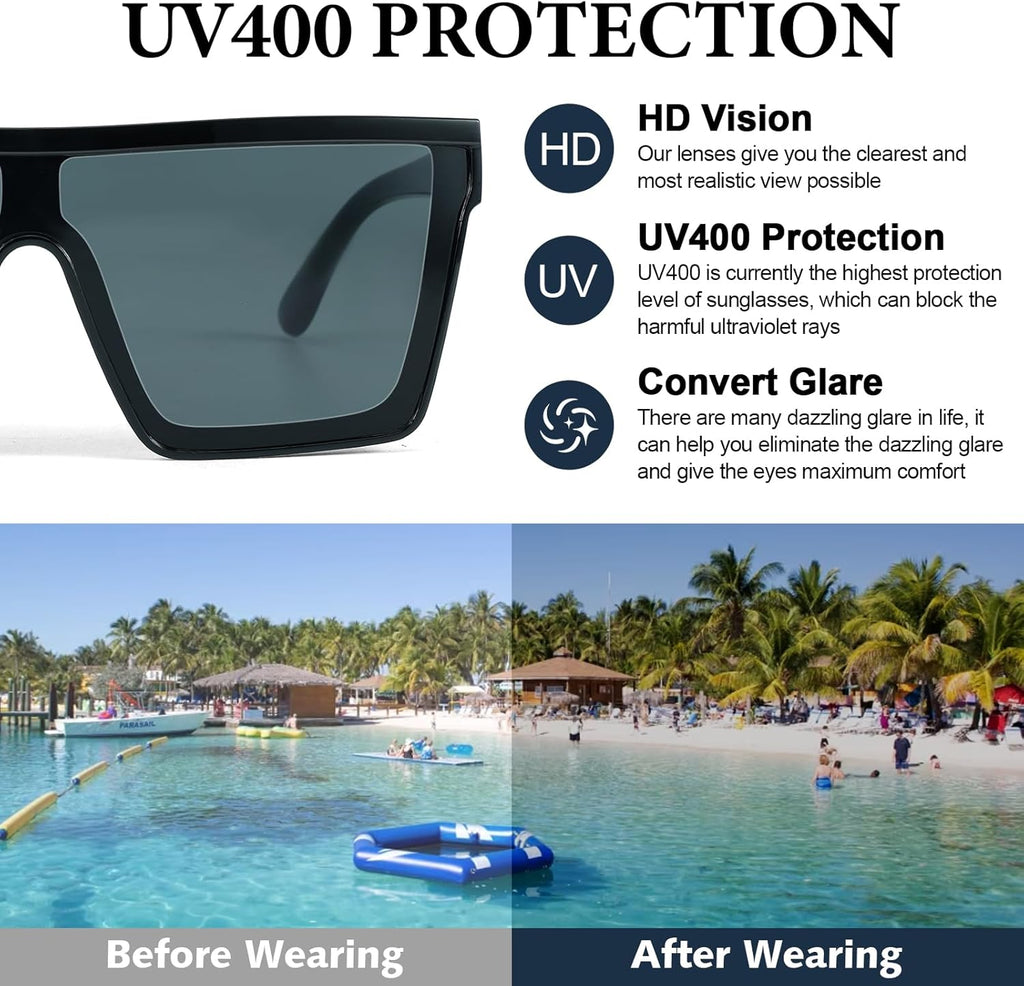 Square Oversized Sunglasses for Women Men Trendy Fashion Flat Top Retro Big Thick Frame, Shield Shades UV400 Protection Goggle Siamese Lens