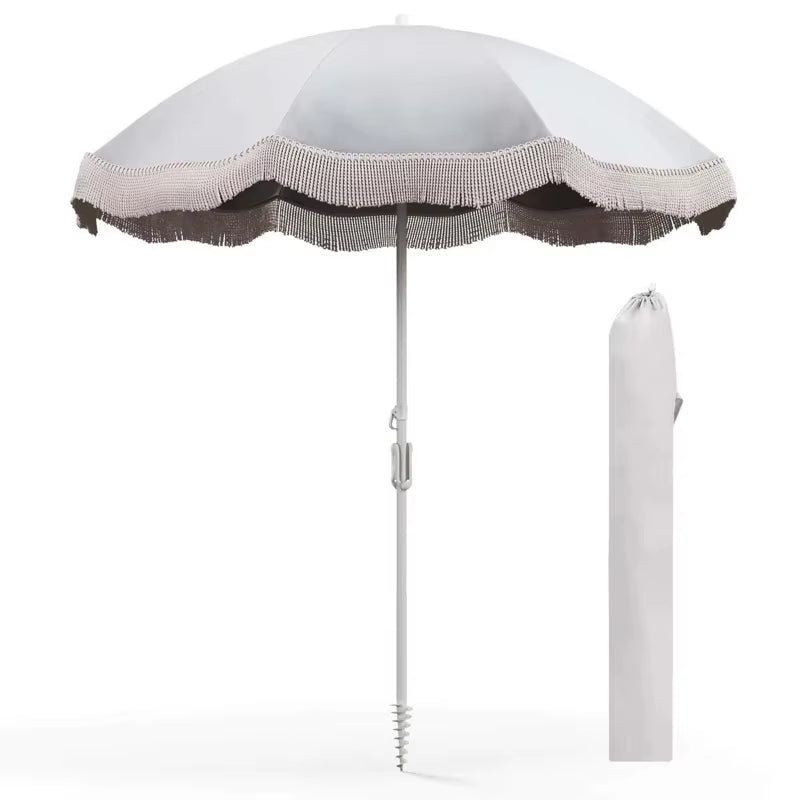 Unique Light Grey Fringe Design Outdoor Patio Umbrella Aluminum Frame Waterproof Polyester Garden Beach Patio Umbrella