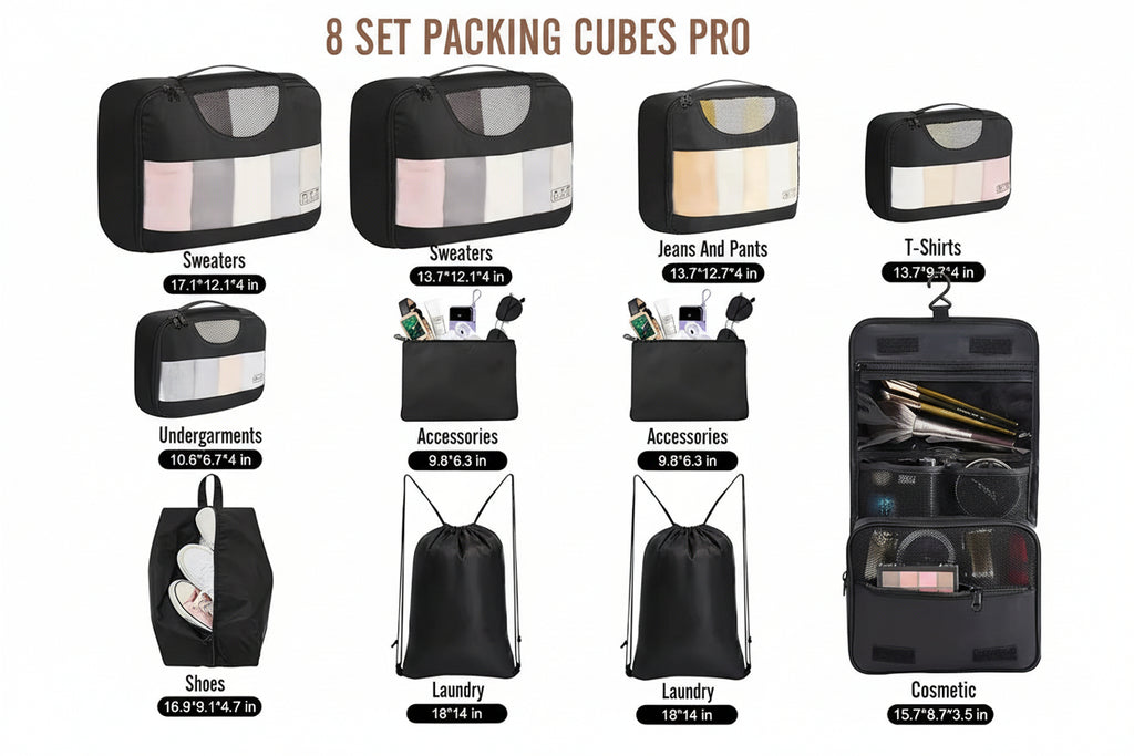8 Set Unisex Polyester Packing Cubes Fashion Travel Essentials Carry Luggage Organizer Bags Zipper Closure 4 Sizes