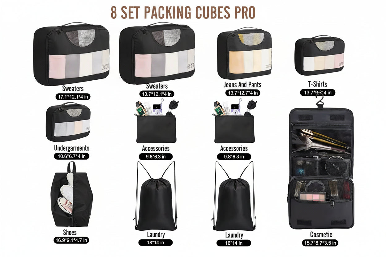 8 Set Unisex Polyester Packing Cubes Fashion Travel Essentials Carry Luggage Organizer Bags Zipper Closure 4 Sizes