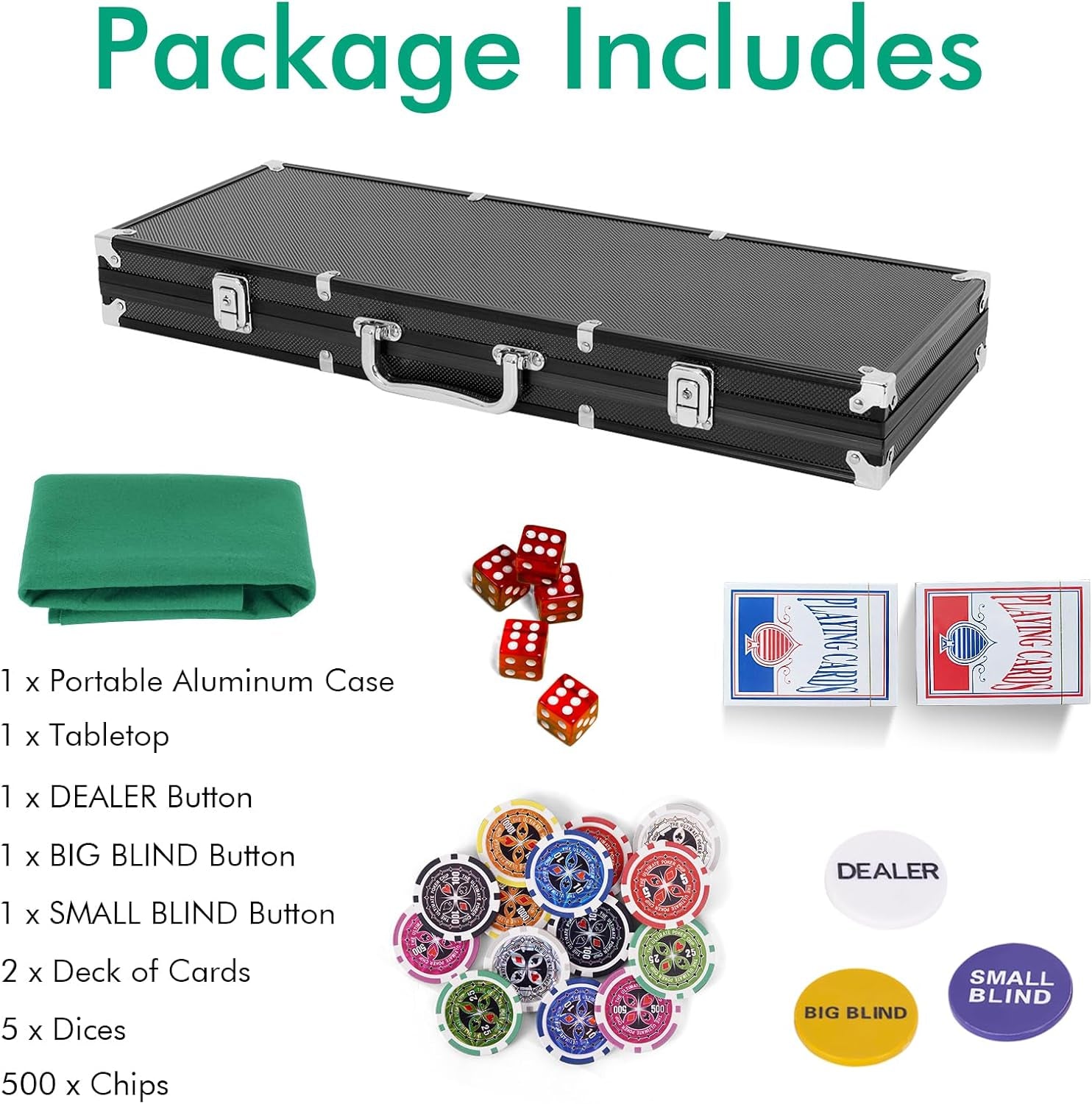 500 PCS Casino Poker Chip Set, 7 Colors Texas Holdem Poker Chips W/Lockable Aluminum Case, 2 Deck of Cards, 5 Dices, 3 Dealer Button, 1 Table Felt, Professional Complete Poker Chip Set