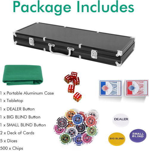 500 PCS Casino Poker Chip Set, 7 Colors Texas Holdem Poker Chips W/Lockable Aluminum Case, 2 Deck of Cards, 5 Dices, 3 Dealer Button, 1 Table Felt, Professional Complete Poker Chip Set