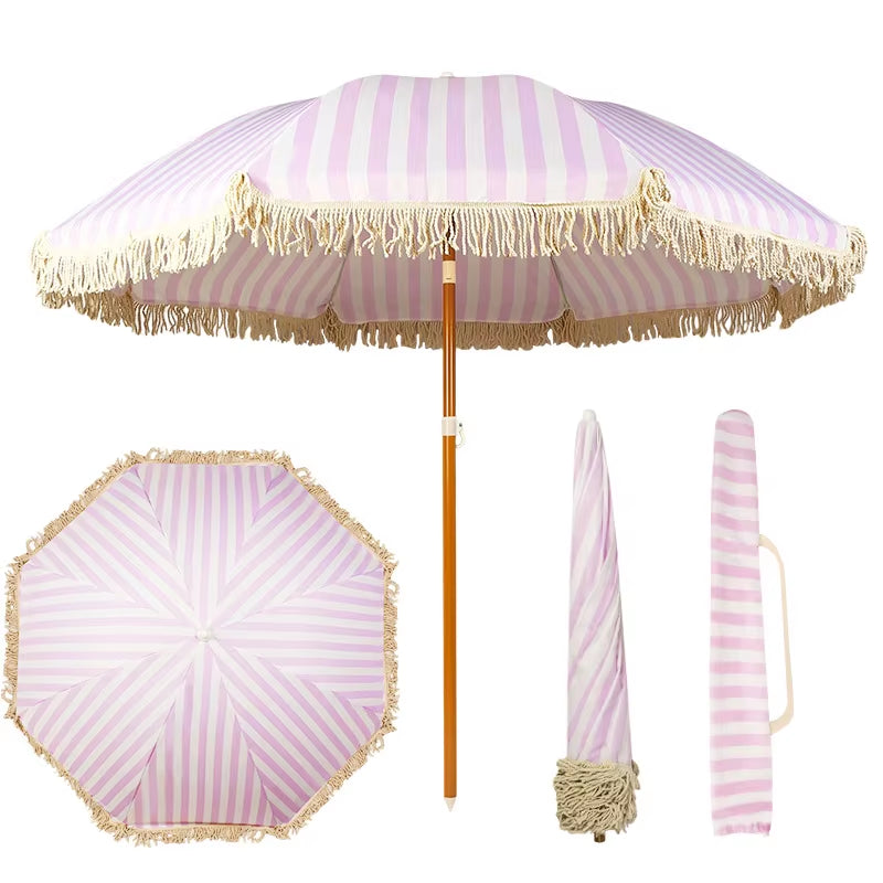 Iron Outdoor Leisure Rotatable Beach Sunshade Umbrella with Tassels for Courtyard Camping Multi-Scene Use