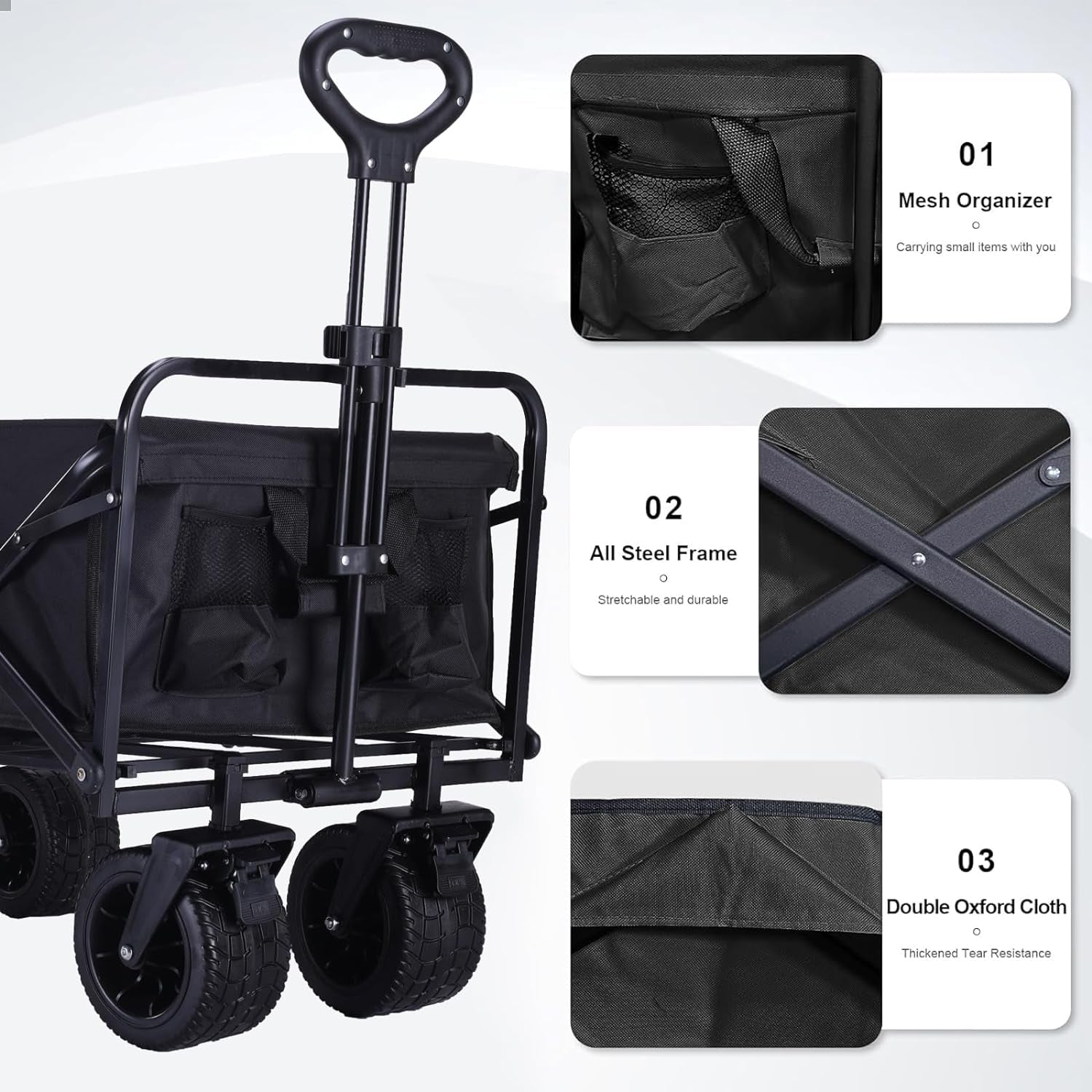 Collapsible Folding Wagon,10Cm Wide Big Wheels Portable Large Wagon Cart,Bearing Capacity 175Kg Aluminum Alloy Steel Beach Wagon,Outdoor Adjustable Stroller Wagon for Sand(Black)