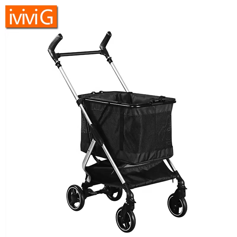 605 New Design Multifunction Luxury 4-Wheel Aluminum Folding Shopping Trolley Large Outdoor Travel Cart Fabric China Dogs Cats