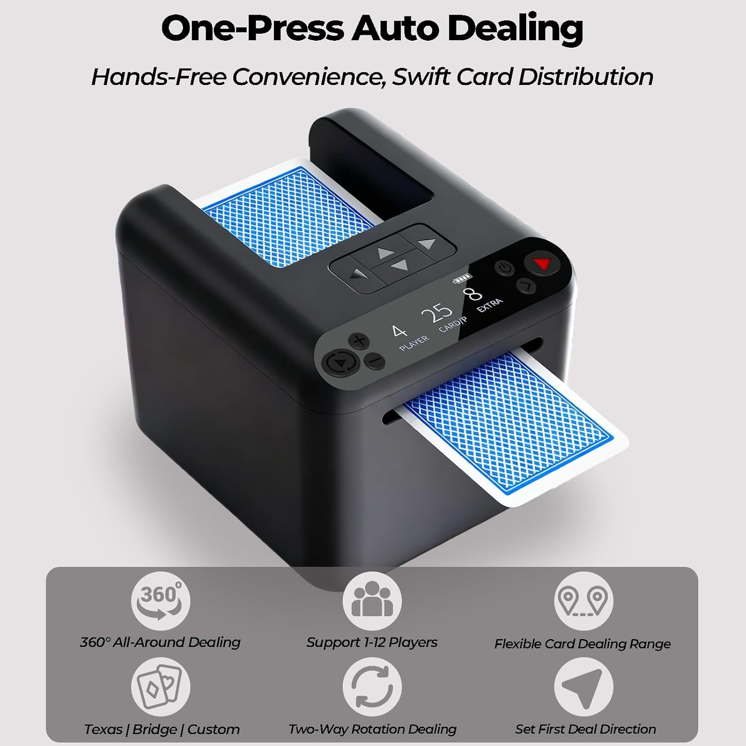Automatic Card Dealer Machine, Rechargeable for 1-3 Decks, Supports 2-12 Players, Adjustable Dealing Distance, Quiet, 360° & 180° Rotation, Compatible with Poker, UNO, Blackjack, Texas Holdem Etc