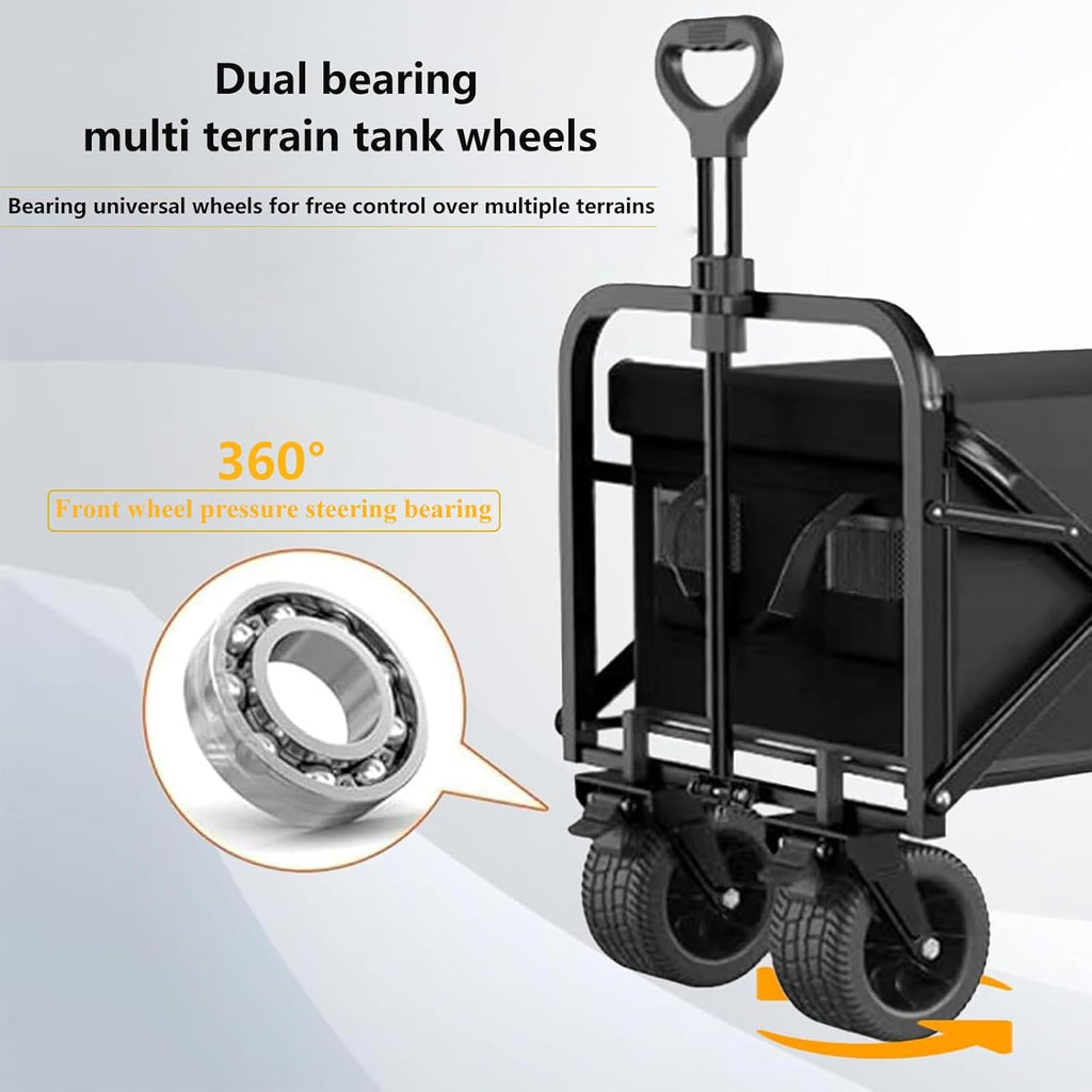 Collapsible Folding Wagon,10Cm Wide Big Wheels Portable Large Wagon Cart,Bearing Capacity 175Kg Aluminum Alloy Steel Beach Wagon,Outdoor Adjustable Stroller Wagon for Sand(Black)