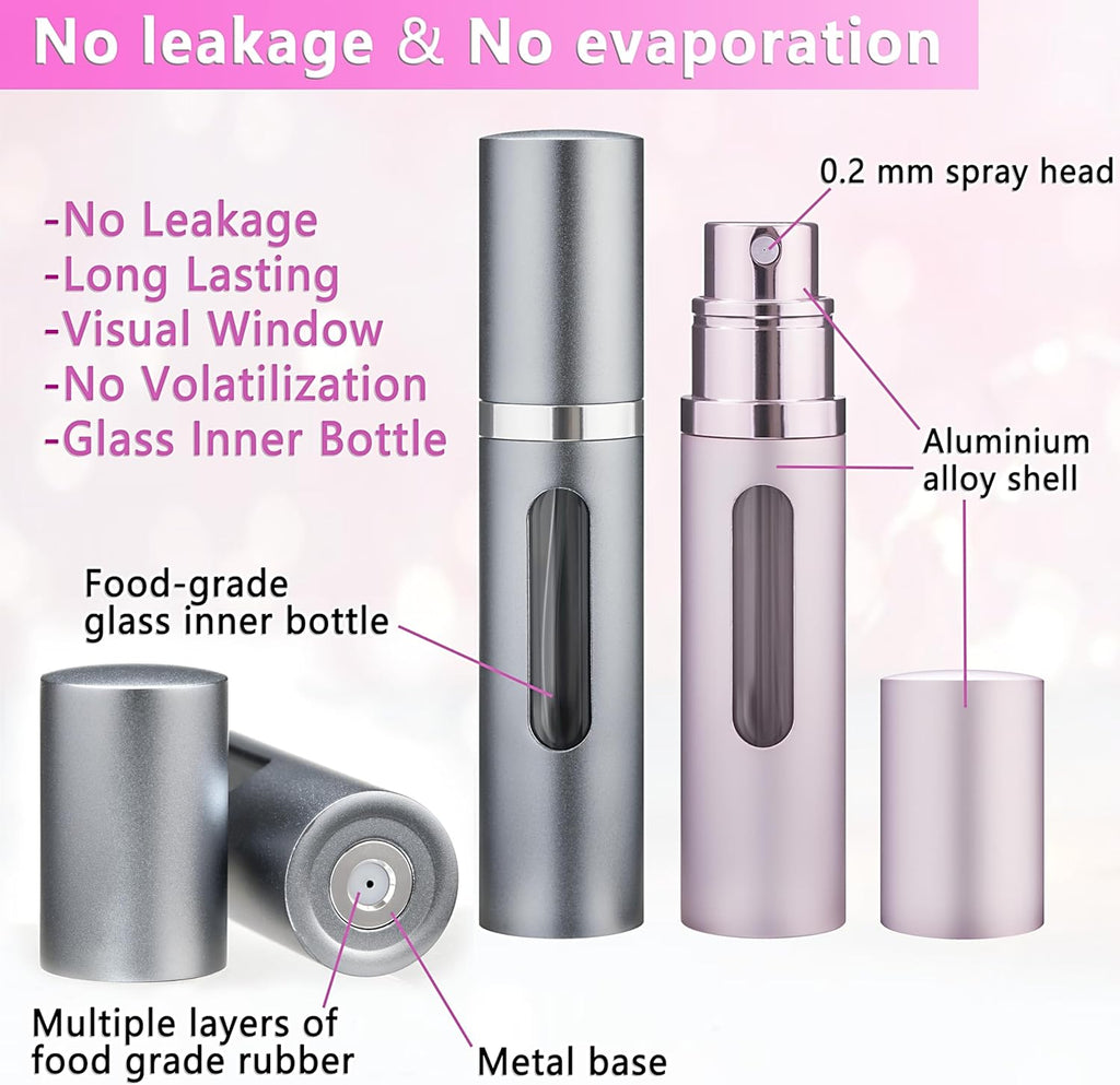 Perfume Atomiser Travel Spray Bottle -  2-Pack 5Ml Leakproof Travel Perfume Refillable Bottle with Pump, Portable Fragrance Atomizer for Women and Men (Grey & Pink)