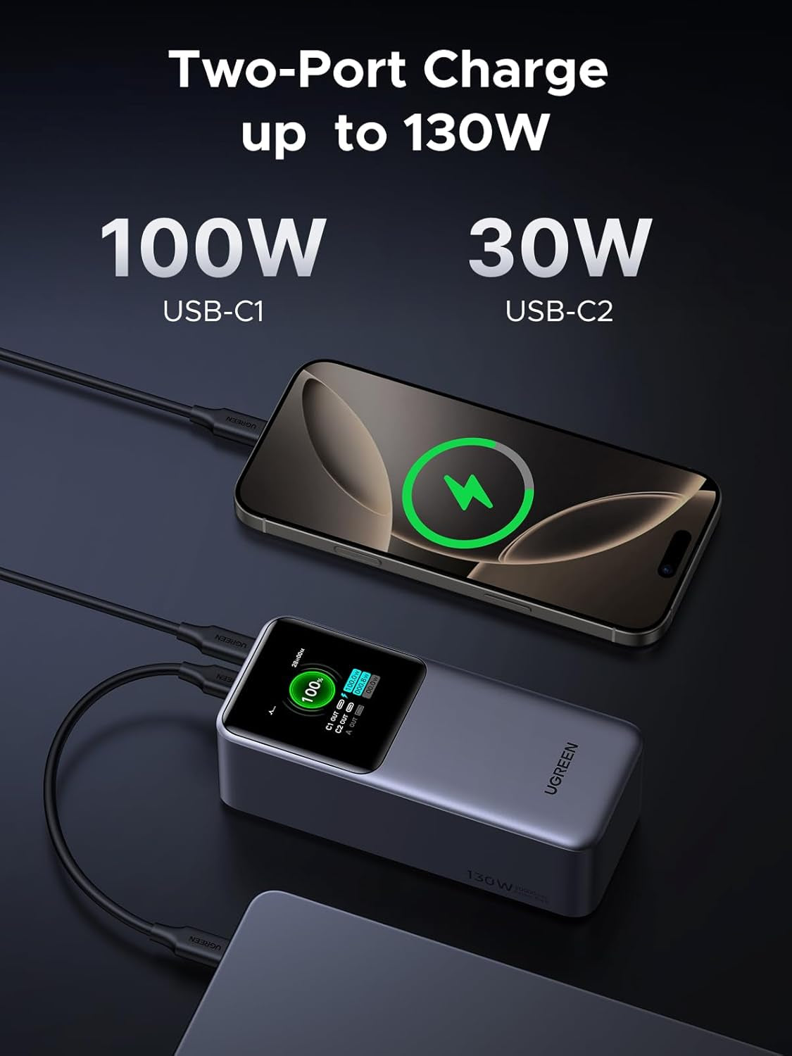 130W Nexode Pro Power Bank 20000Mah Fast Charging 3-Port USB C Laptop Portable Charger 72Wh Battery Pack Smart TFT Display for Macbook, Ipad, Iphone 17 Pro Max, Galaxy S26 Ultra 60W, Pixel 10