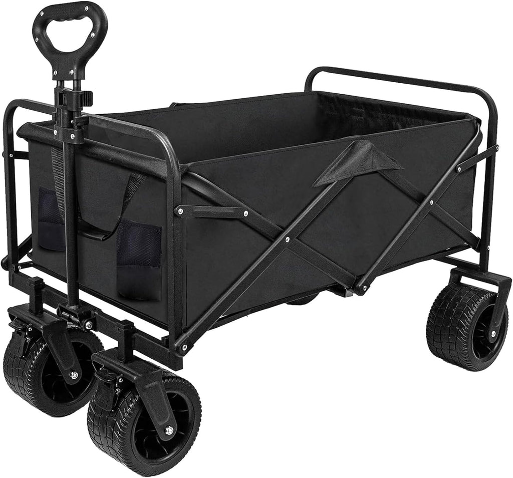 Collapsible Folding Wagon,10Cm Wide Big Wheels Portable Large Wagon Cart,Bearing Capacity 175Kg Aluminum Alloy Steel Beach Wagon,Outdoor Adjustable Stroller Wagon for Sand(Black)