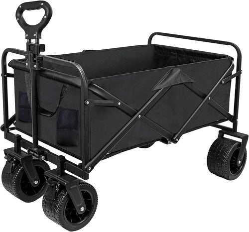 Collapsible Folding Wagon,10Cm Wide Big Wheels Portable Large Wagon Cart,Bearing Capacity 175Kg Aluminum Alloy Steel Beach Wagon,Outdoor Adjustable Stroller Wagon for Sand(Black)
