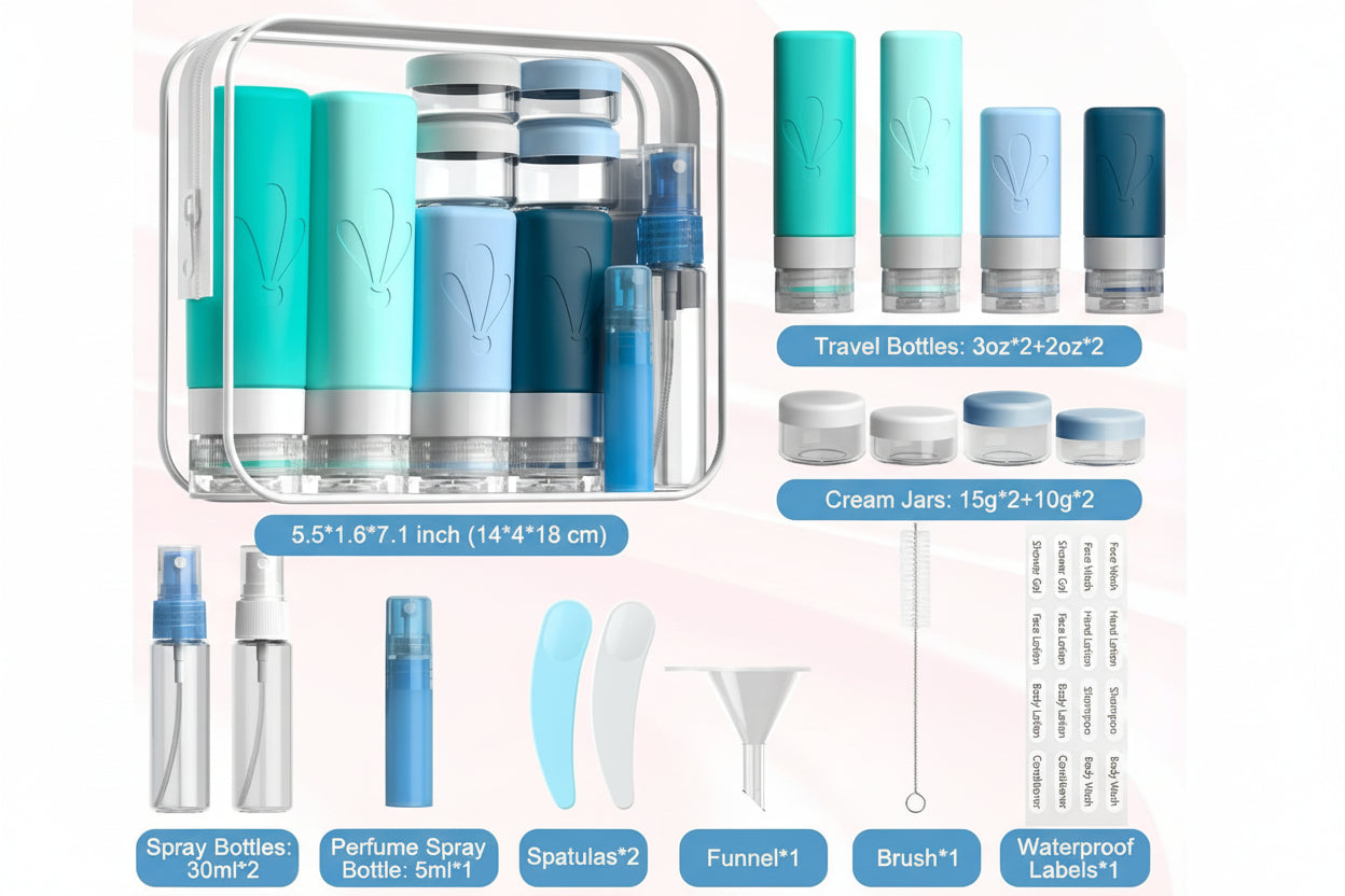 17 Pack Travel Bottles for Toiletries, TSA Approved 90Ml Travel Size Containers, BPA Free Leak Proof Squeezable Silicone Tubes for Shampoo Conditioner Lotion Soap with Labels