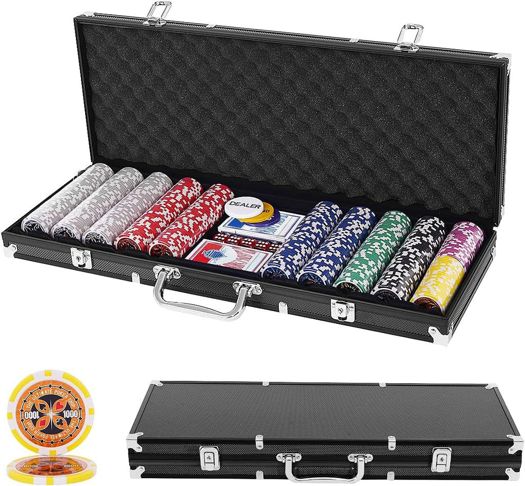 500 PCS Casino Poker Chip Set, 7 Colors Texas Holdem Poker Chips W/Lockable Aluminum Case, 2 Deck of Cards, 5 Dices, 3 Dealer Button, 1 Table Felt, Professional Complete Poker Chip Set