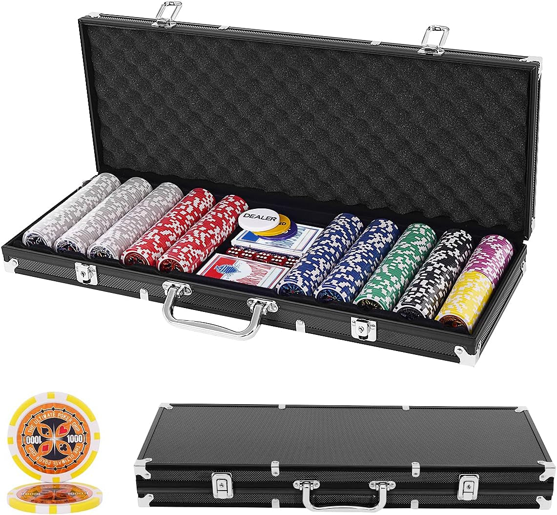 500 PCS Casino Poker Chip Set, 7 Colors Texas Holdem Poker Chips W/Lockable Aluminum Case, 2 Deck of Cards, 5 Dices, 3 Dealer Button, 1 Table Felt, Professional Complete Poker Chip Set