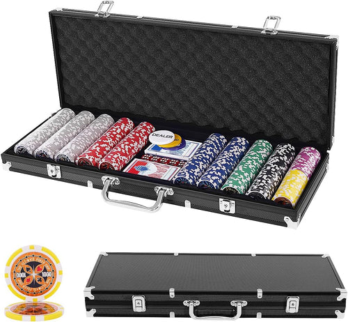 500 PCS Casino Poker Chip Set, 7 Colors Texas Holdem Poker Chips W/Lockable Aluminum Case, 2 Deck of Cards, 5 Dices, 3 Dealer Button, 1 Table Felt, Professional Complete Poker Chip Set