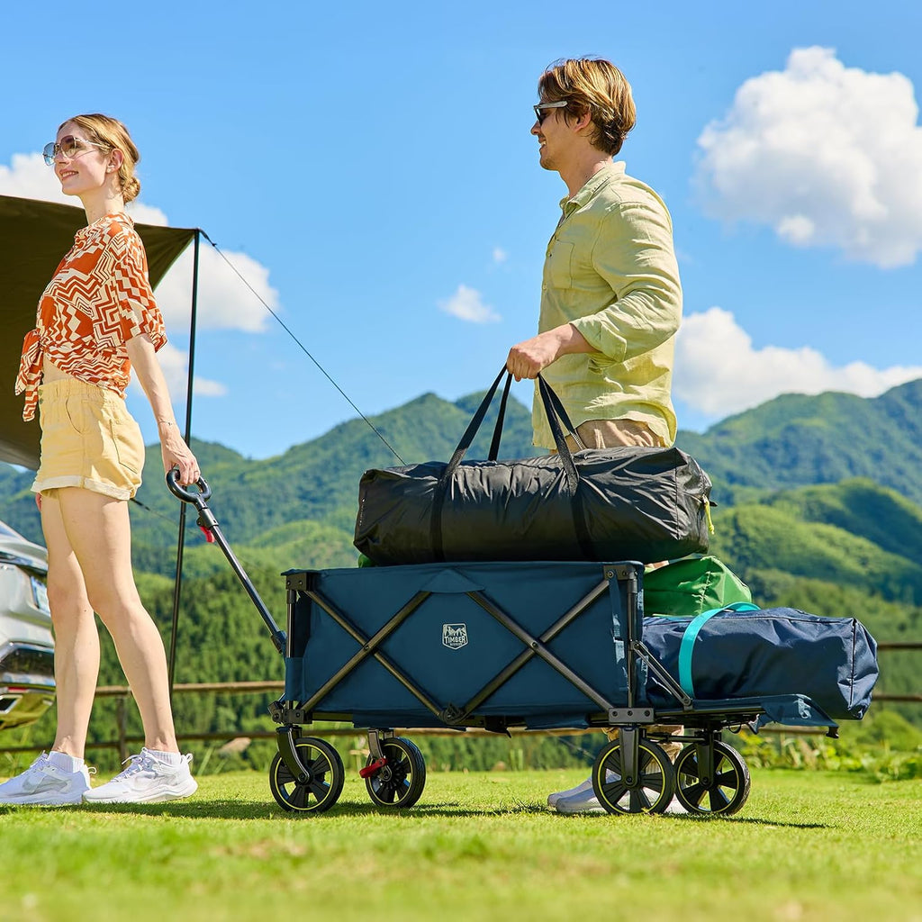 49" Extra Long Collapsible Folding Wagon with Tailgate and Brakes, 300Lbs Heavy Duty Foldable Wagon with Adjustable Handle, 250L Capacity Portable Cart for Outdoor Camping Sports, Grey