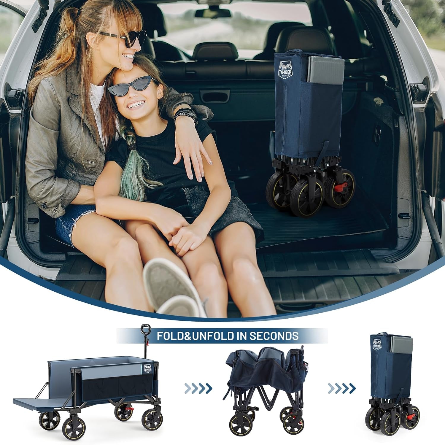 49" Extra Long Collapsible Folding Wagon with Tailgate and Brakes, 300Lbs Heavy Duty Foldable Wagon with Adjustable Handle, 250L Capacity Portable Cart for Outdoor Camping Sports, Grey