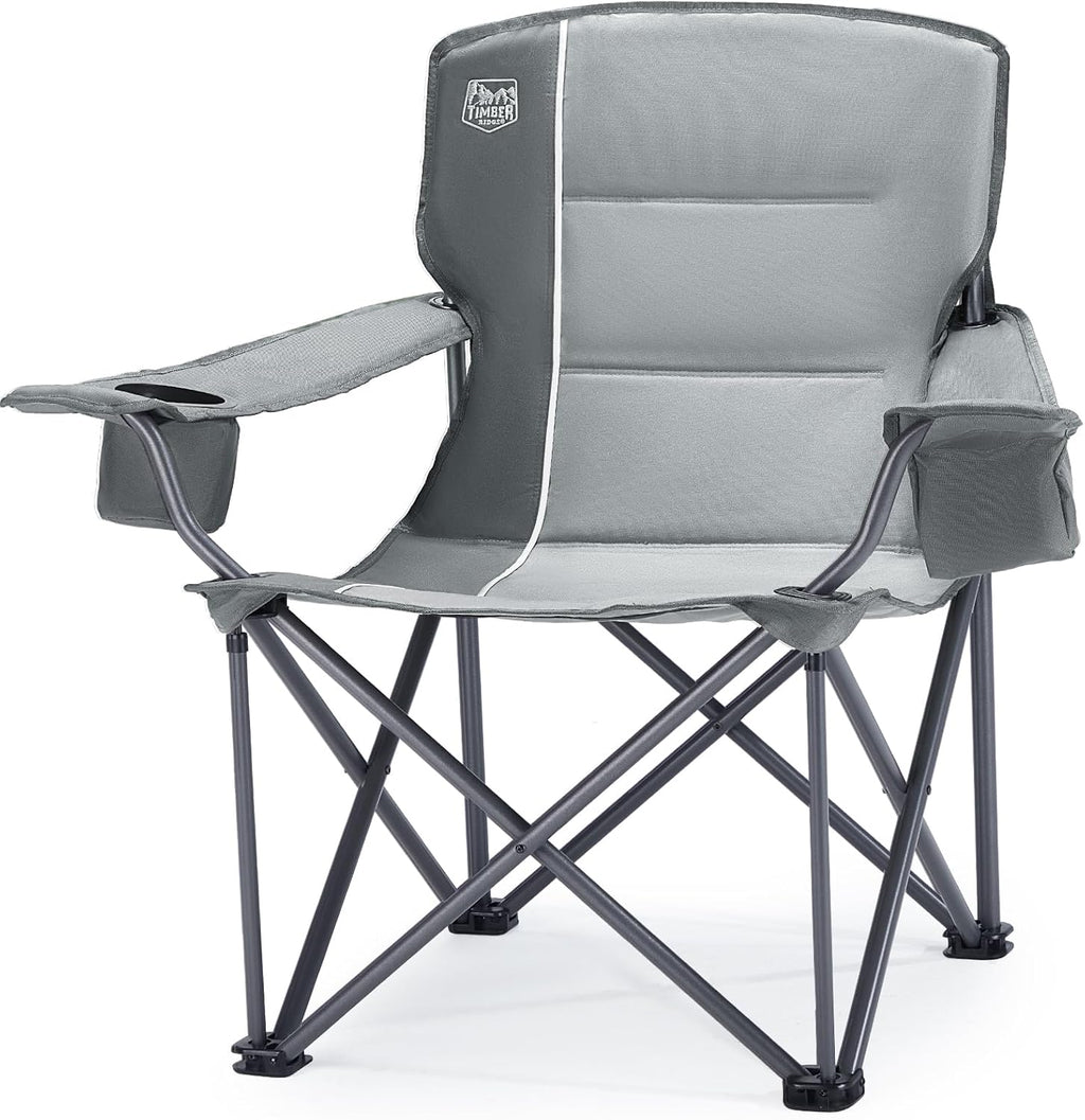 Oversized Folding Camping Chair for Adults, Support 550 LBS Heavy Duty with Cup Holder Side Pocket for Camping, Lawn, Picnic, Grey