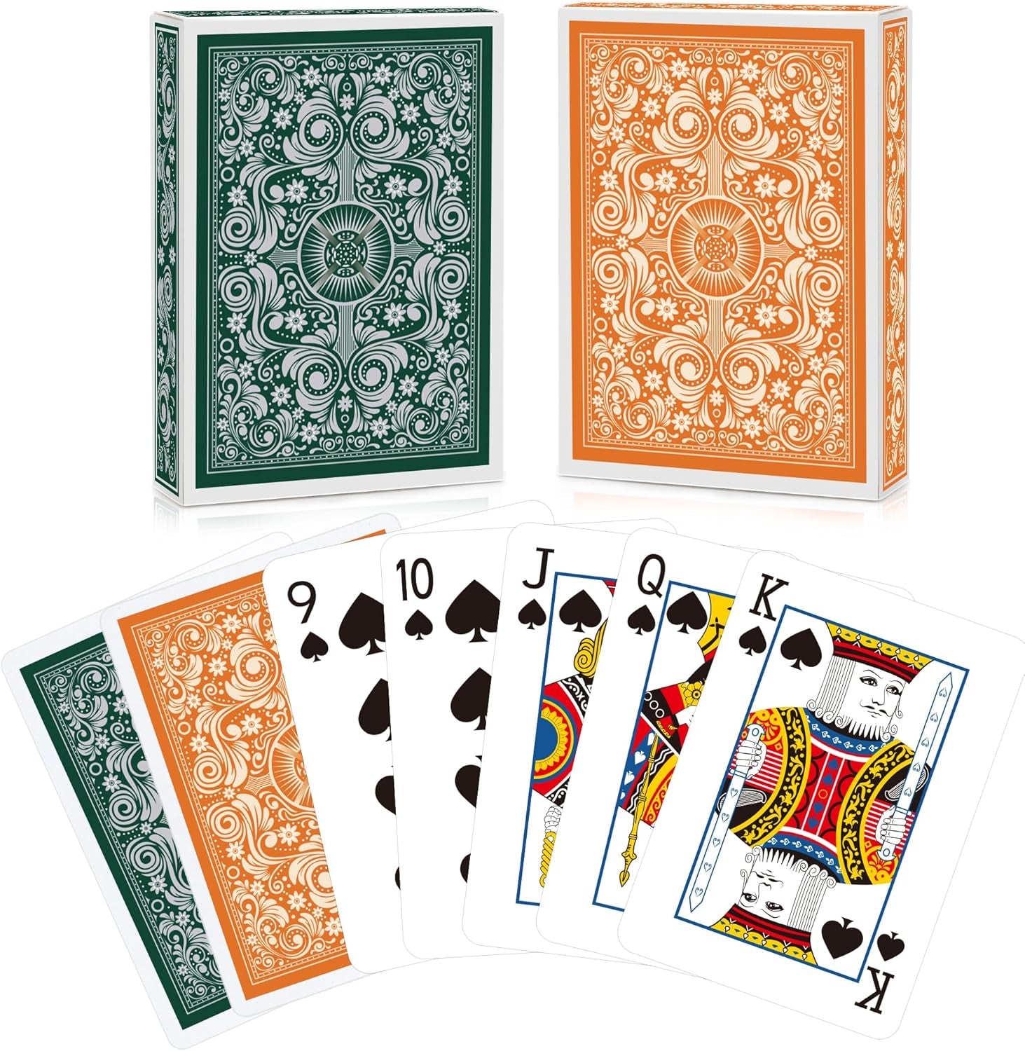 Playing Cards 2 Pack,Deck of Cards,Fun Cards Game for Kids and Adults,Poker Cards Professional,Bridge Standard Playing Cards Set,Suitable for Game Night,Various Party Game (Green/Orange)