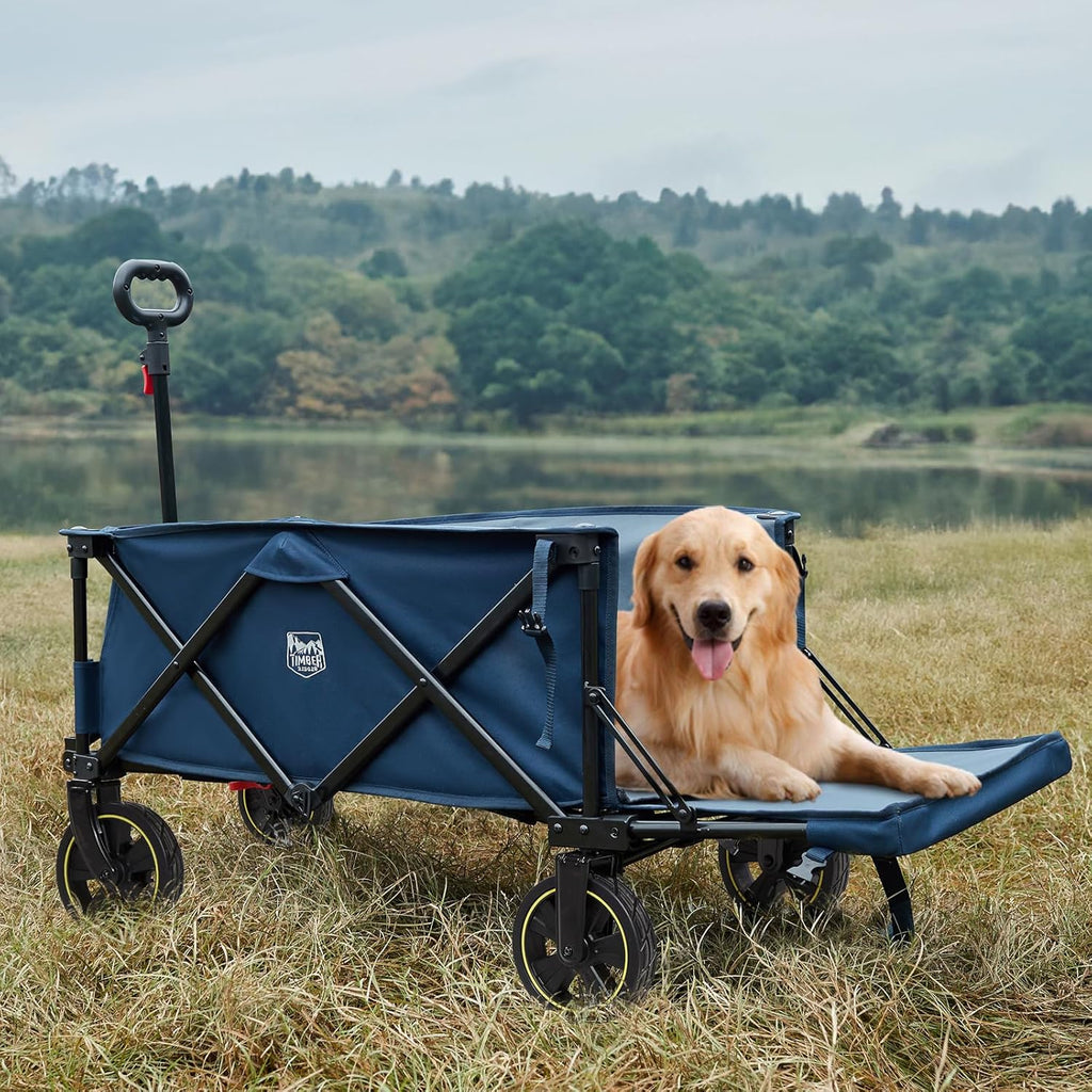 49" Extra Long Collapsible Folding Wagon with Tailgate and Brakes, 300Lbs Heavy Duty Foldable Wagon with Adjustable Handle, 250L Capacity Portable Cart for Outdoor Camping Sports, Grey