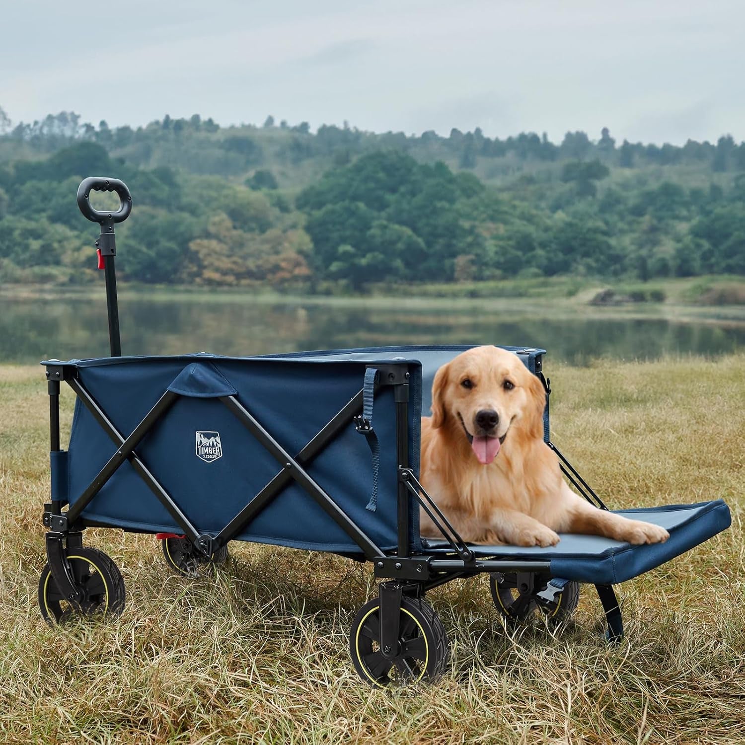49" Extra Long Collapsible Folding Wagon with Tailgate and Brakes, 300Lbs Heavy Duty Foldable Wagon with Adjustable Handle, 250L Capacity Portable Cart for Outdoor Camping Sports, Grey
