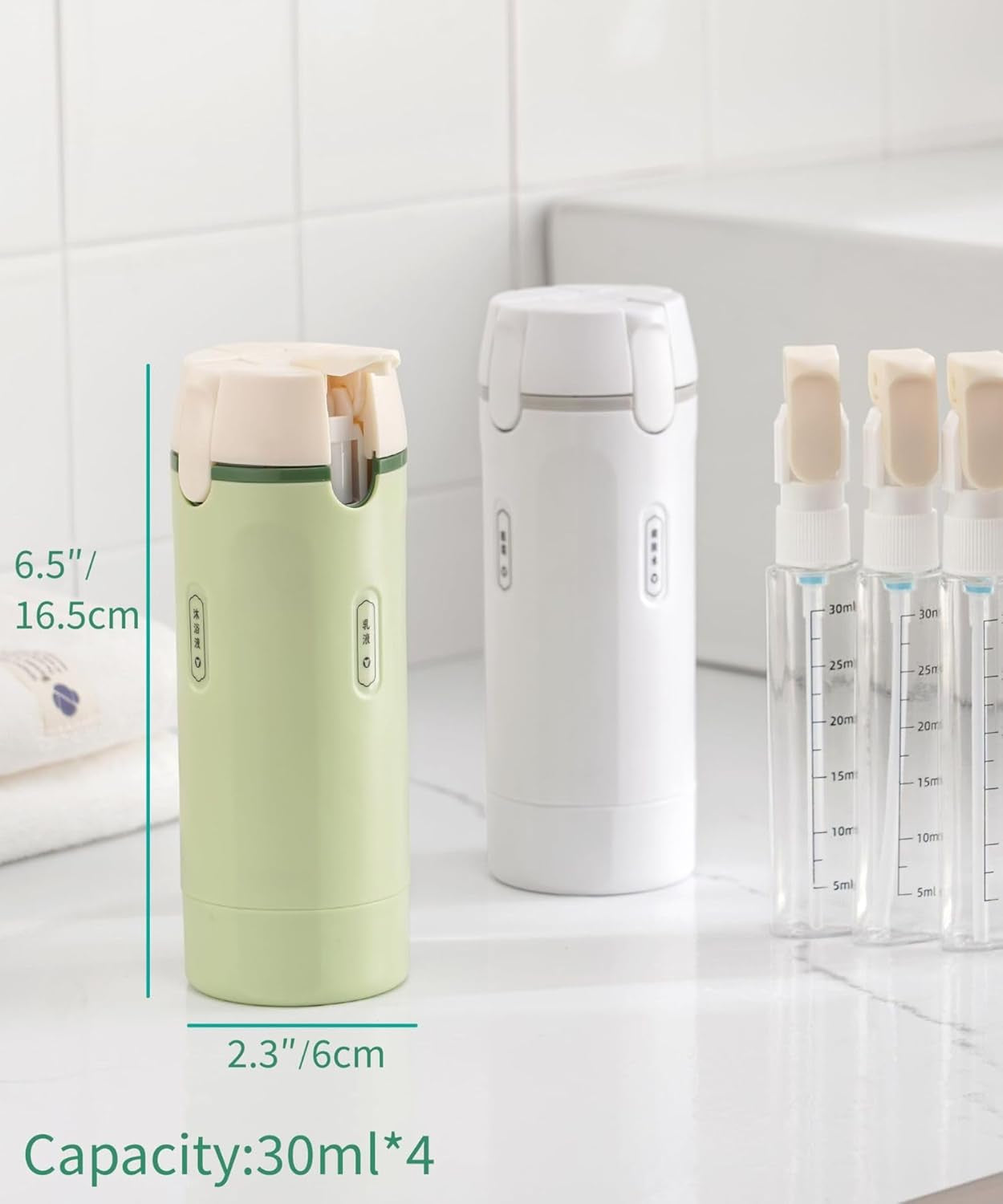 4 in 1 Travel Dispenser Bottle, Travel Toiletry Containers, Refillable, Leak Proof, Portable Containers for Shampoo Lotion Conditioner Cream, Flights Gym Bag Weekends Away (Green)